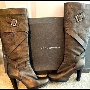 Via Spiga metallic bronze knee high strappy high heel boot. High stepping diva!